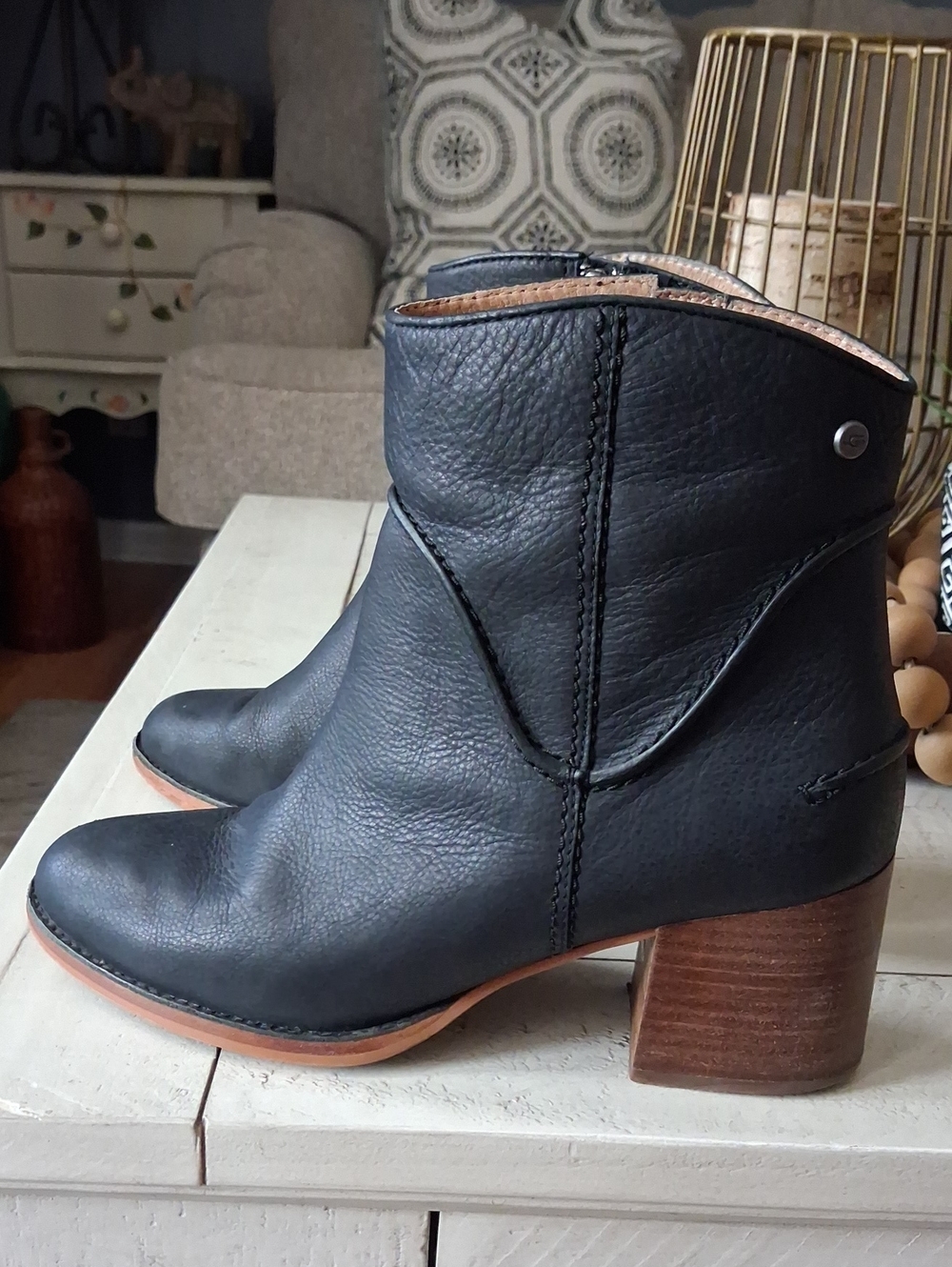 UGG Black Leather Ankle Booties with Wood-Stacked Heel